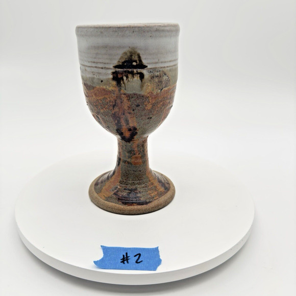 Studio Art Pottery Goblet Chalice Cup Textured Brown Gray Stoneware Signed #2 - Picture 10 of 10